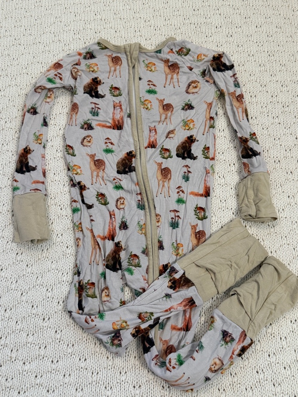 Woodland Animal Zip Footed One-Piece with Tan Trim